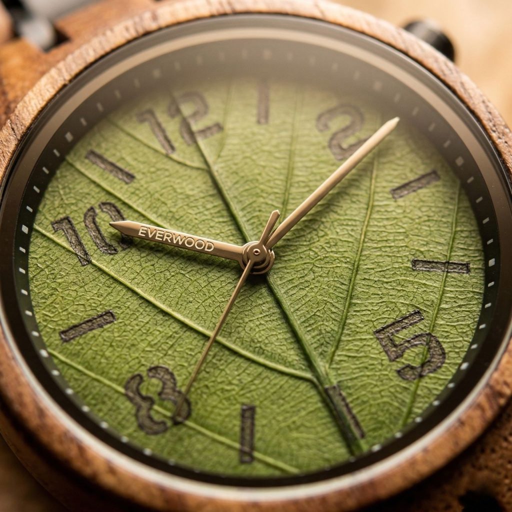 Négy fotóból álló összeállítás az EverWood óráról. A fő képen a sötétzöld, erezett levél számlap látható közelről, a kisebb képeken az óra egy fatörzsön, illetve egy női csuklón viselve látszik erdei környezetben.