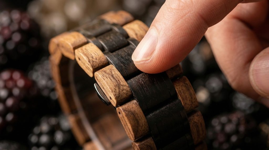 Makrófotó, amelyen egy ujj végigsimít egy EverWood karóra finomra csiszolt fa szíjának felületén, kiemelve a természetes fa textúráját és a kontrasztos színeket.