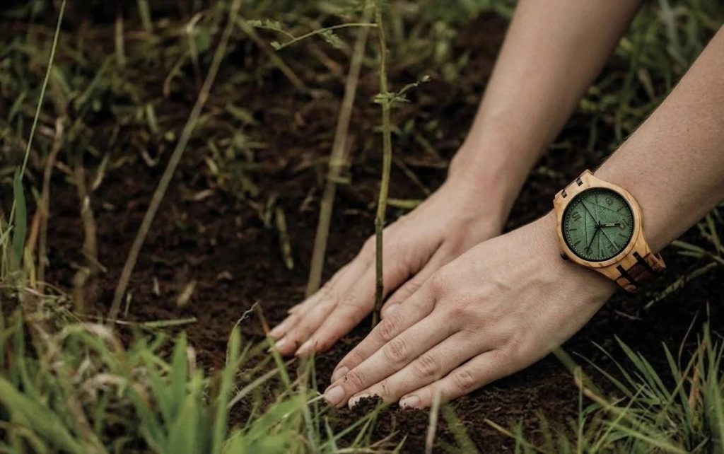 Az EverWood márka fenntarthatósági programja: egy Leaf Green fa karórát viselő női kéz éppen egy új fát ültet a talajba.
