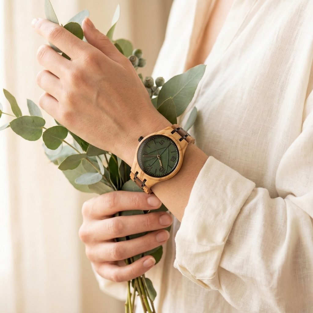 Fotósorozat, amely az EverWood óra viselését szemlélteti: egy női kéz eukaliptusz ágat tart az óra mellett, egy közeli kép a számlapról, és egy kép, ahol az óra egy zöld ingujjal és fűvel a háttérben látszik