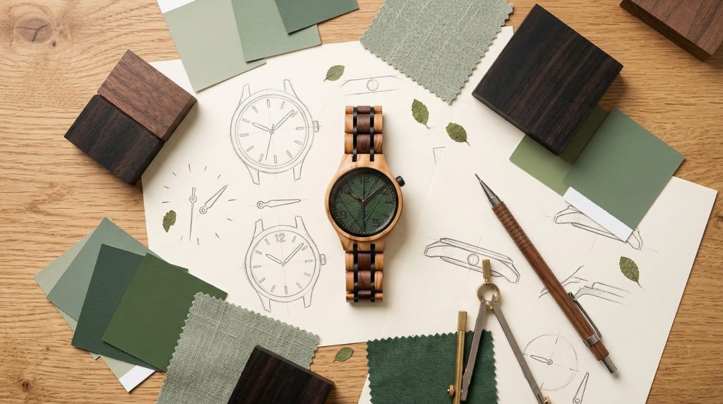 Felülnézeti kép egy tervezési folyamatról: egy kész EverWood karóra fekszik papíron lévő technikai rajzok, különböző árnyalatú zöld textilminták és fa alapanyagok között.