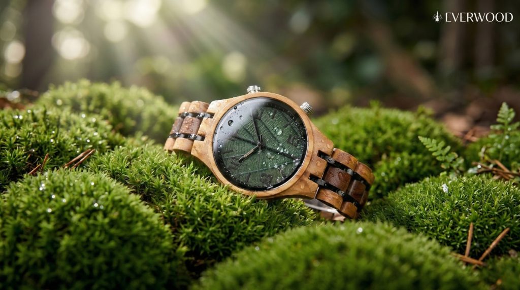 Egyedi erezetű EveWood, fából készült karóra sötétzöld számlappal, amely egy élénkzöld mohaágyon pihen erdei környezetben.