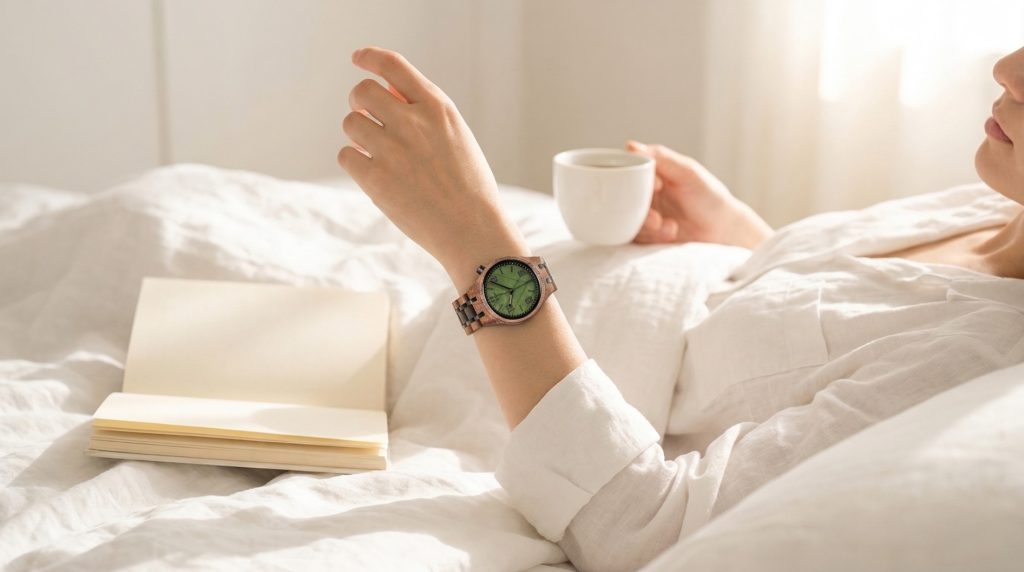 Egy nő EverWood fa karórát visel pihenés közben, kezében egy csésze kávéval és egy nyitott könyvvel az ágyon.