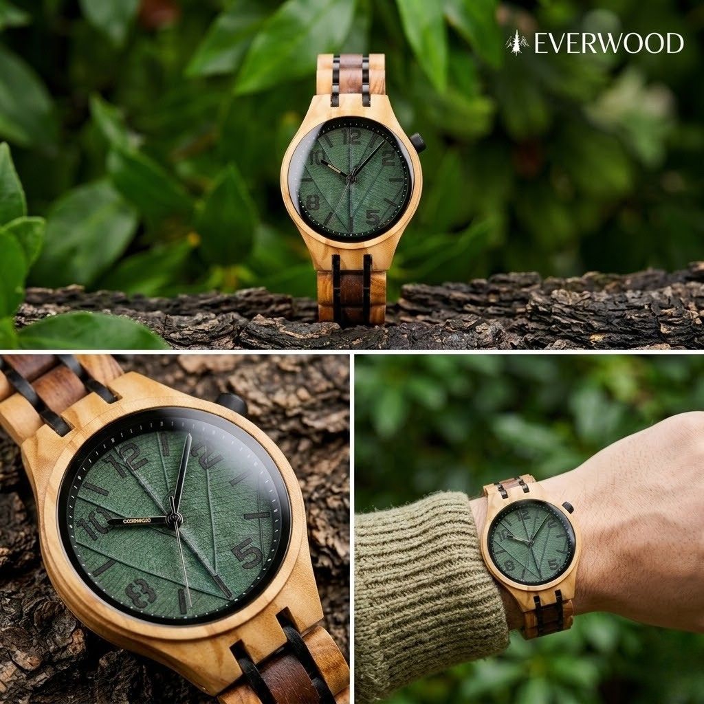 Négy fotóból álló összeállítás az EverWood óráról. A fő képen a sötétzöld, erezett levél számlap látható közelről, a kisebb képeken az óra egy fatörzsön, illetve egy női csuklón viselve látszik erdei környezetben.